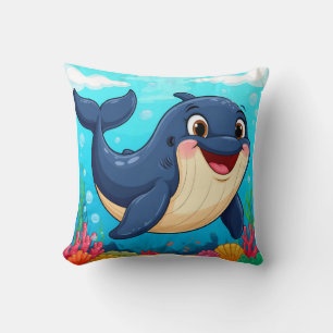Cheerful Cartoon Whale Swimming Throw Pillow