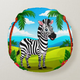 Cheerful Cartoon Zebra in a Tropical Landscape Round Pillow