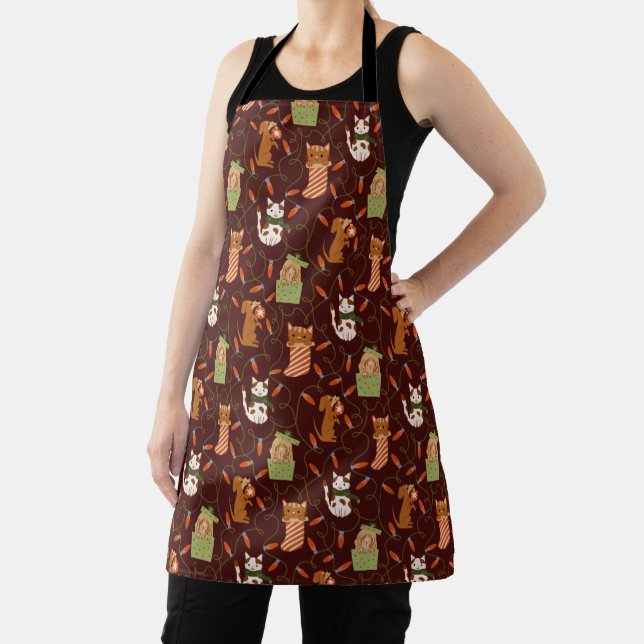 Cheerful Cat Dog Christmas Lights Pattern Red Apron (Insitu)