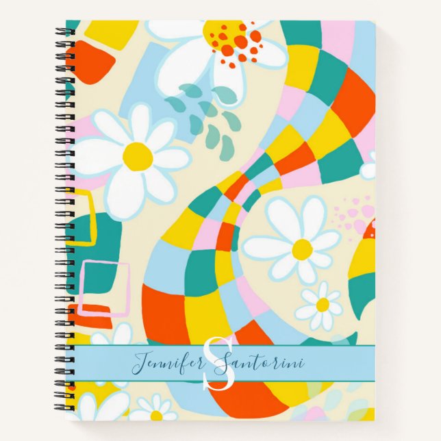 Cheerful Checks Modern Monogrammed Spiral Notebook (Front)