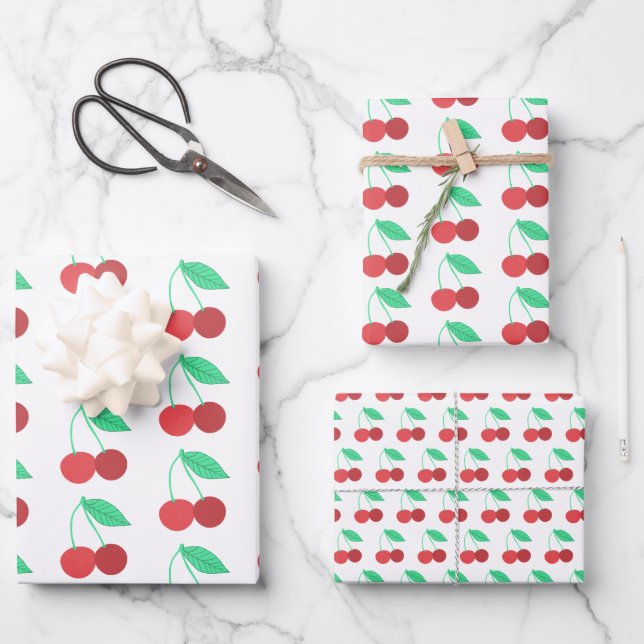 Cheerful Cherries Fruity Fun Pattern Red Green Wrapping Paper Sheet (Front)