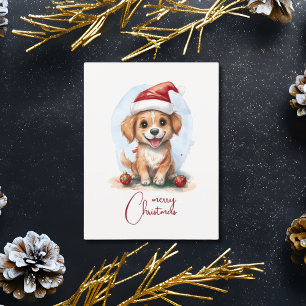 Cheerful Christmas Dog with Santa Hat and Ornament Postcard