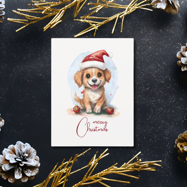 Cheerful Christmas Dog with Santa Hat and Ornament Postcard (Creator Uploaded)
