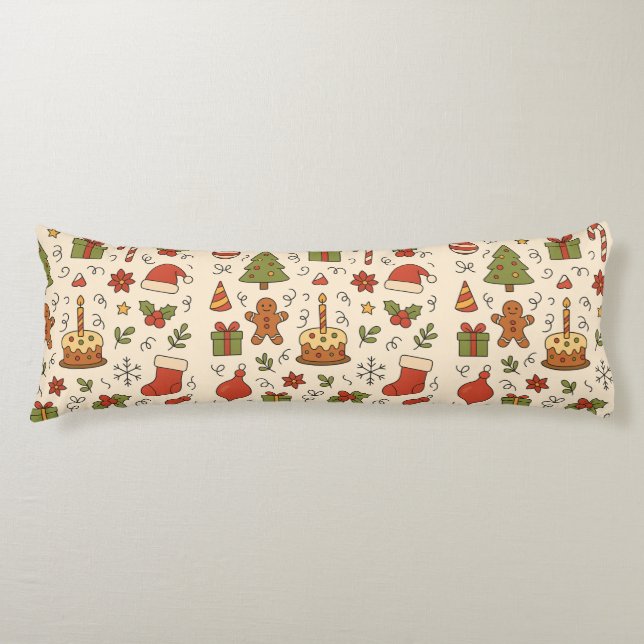 Cheerful Christmas Doodle Pattern Body Pillow (Front)