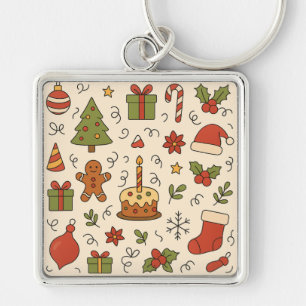 Cheerful Christmas Doodle Pattern Keychain