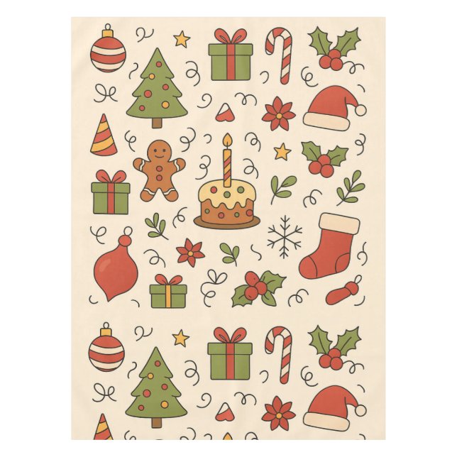 Cheerful Christmas Doodle Pattern Tablecloth (Front)