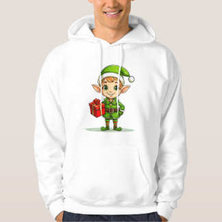 Cheerful Christmas Elf with Gift – Holiday Hoodie