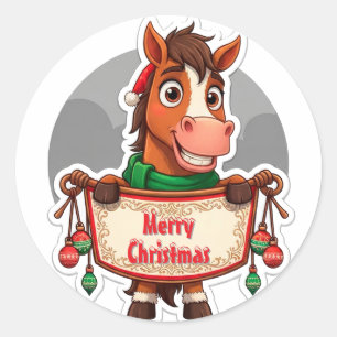 Cheerful Christmas Horse Cartoon Classic Round Sticker
