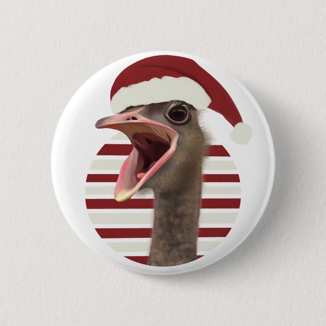 Cheerful Christmas Ostrich With Santa Hat 2 Inch Round Button (Front)