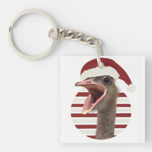 Cheerful Christmas Ostrich With Santa Hat Keychain