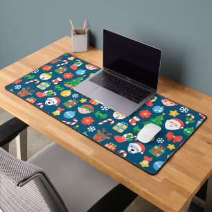Cheerful Christmas Pattern on Blue Desk Mat