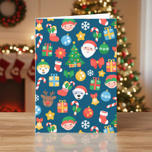 Cheerful Christmas Pattern on Blue Holiday Card