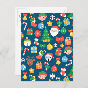 Cheerful Christmas Pattern on Blue Holiday Postcard
