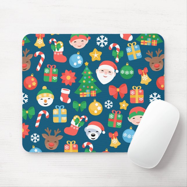Cheerful Christmas Pattern on Blue Mouse Pad (With Mouse)