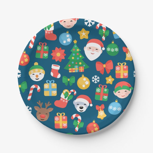 Cheerful Christmas Pattern on Blue Paper Plate (Front)