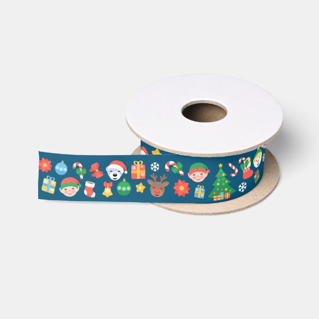 Cheerful Christmas Pattern on Blue Satin Ribbon (Spool)