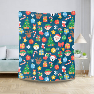 Cheerful Christmas Pattern on Blue Sherpa Blanket