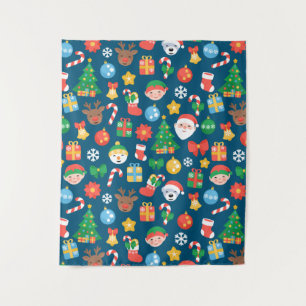 Cheerful Christmas Pattern on Blue Tapestry