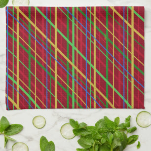 Cheerful Christmas Plaid in Red and Green Stripes Kitchen Towel