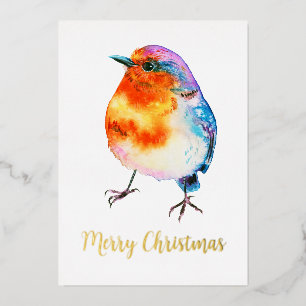 Cheerful Christmas Robin Watercolor Customizable  Foil Holiday Card
