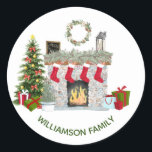 Cheerful Christmas Scene Fireplace Family Name  Classic Round Sticker<br><div class="desc">The Charm Design Studio offers this Cheerful Christmas Scene -- the fireplace and gifts; cheerful holiday decorations and the opportunity to either add your name or change to Merry Christmas -- your choice. Enjoy! Any design questions just send an email to charmdesignstudio@rcn.com and we'll be delighted to assist.</div>