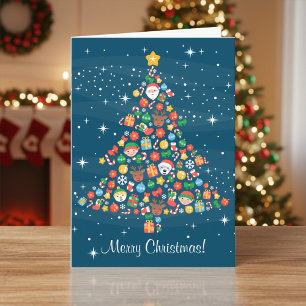 Cheerful Christmas Tree Pattern on Blue Holiday Card