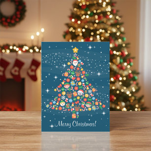 Cheerful Christmas Tree Pattern on Blue Holiday Postcard