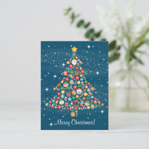 Cheerful Christmas Tree Pattern on Blue Holiday Postcard