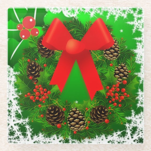 Cheerful Christmas Wreath Glass Coaster (Front)