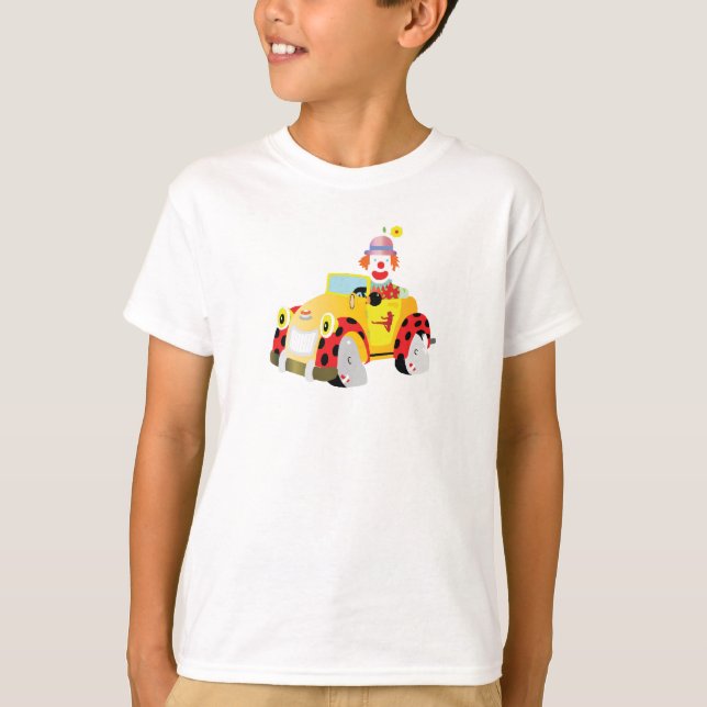 cheerful clown drives a whimsical yellow car  T-Shirt (Front)