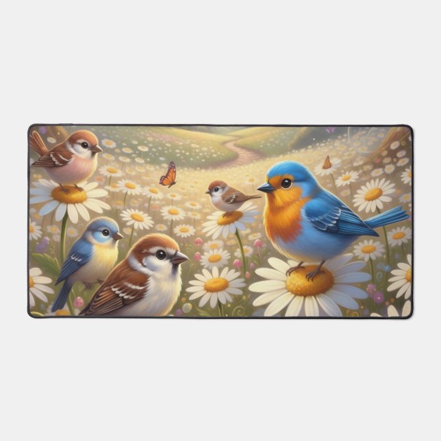 Cheerful Colorful Spring Birds Design Desk Mat (Front)