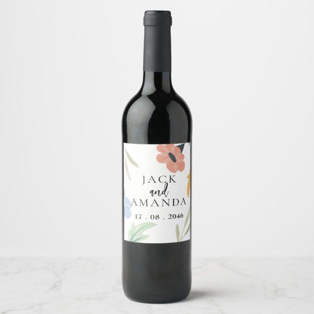 Cheerful Colourful Floral Wedding Wine Bottle Labe Label (Front)