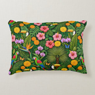 Cheerful Colourful Jungle Birds Tropical Flowers Accent Pillow