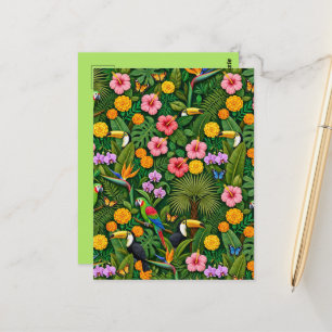 Cheerful Colourful Jungle Birds Tropical Flowers Postcard