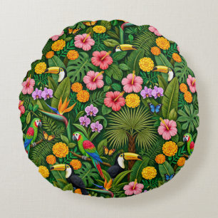 Cheerful Colourful Jungle Birds Tropical Flowers Round Pillow