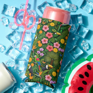 Cheerful Colourful Jungle Birds Tropical Flowers Seltzer Can Cooler