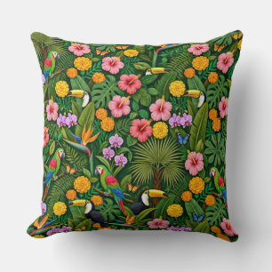 Cheerful Colourful Jungle Birds Tropical Flowers Throw Pillow