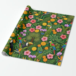 Cheerful Colourful Jungle Birds Tropical Flowers Wrapping Paper