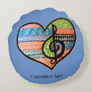 Cheerful Colourful Rainbow Music Heart Round Pillow