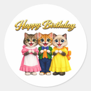 Cheerful Colourful Victorian Style Kittens Birthda Classic Round Sticker