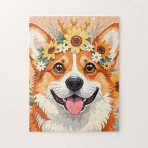 Cheerful corgi dog crown of daisies and sunflowers jigsaw puzzle