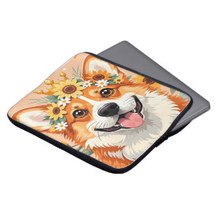 Cheerful corgi dog crown of daisies and sunflowers laptop sleeve