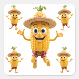 Cheerful Corn Characters Celebrating Life Square Sticker