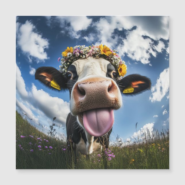 Cheerful Cow in Bloom Magnetic Invitation (Front)