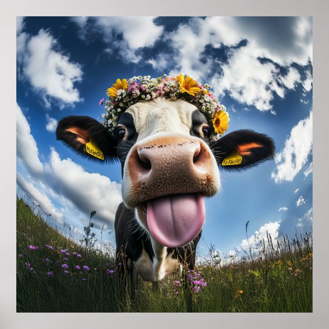 Cheerful Cow in Bloom Poster (Front)