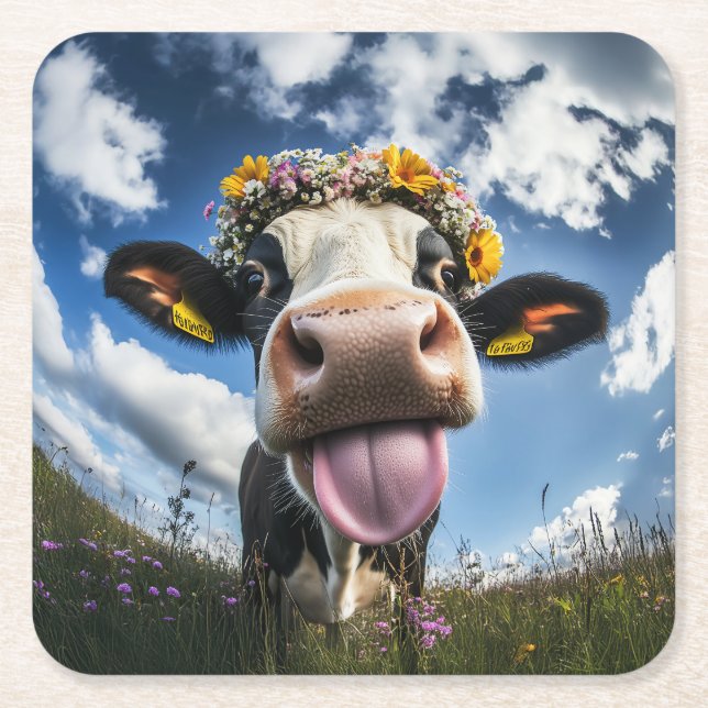 Cheerful Cow in Bloom Square Paper Coaster (Front)
