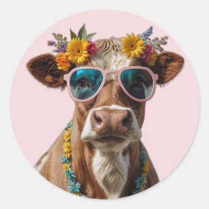 Cheerful Cow With Sunglasses Classic Round Sticker