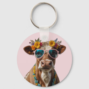 Cheerful Cow With Sunglasses  Keychain