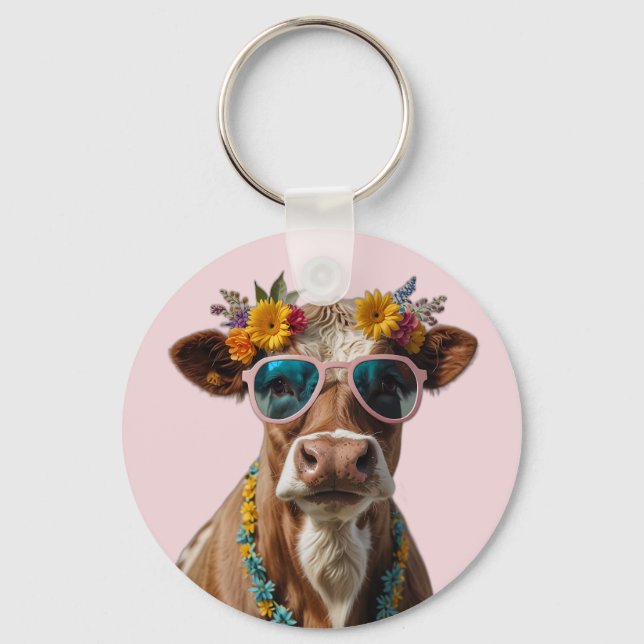 Cheerful Cow With Sunglasses  Keychain (Front)