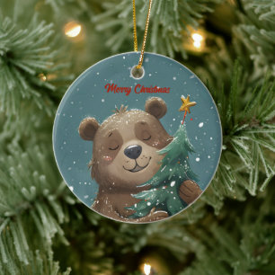 Cheerful Cute Bear Hugging Christmas Tree Ceramic Ornament